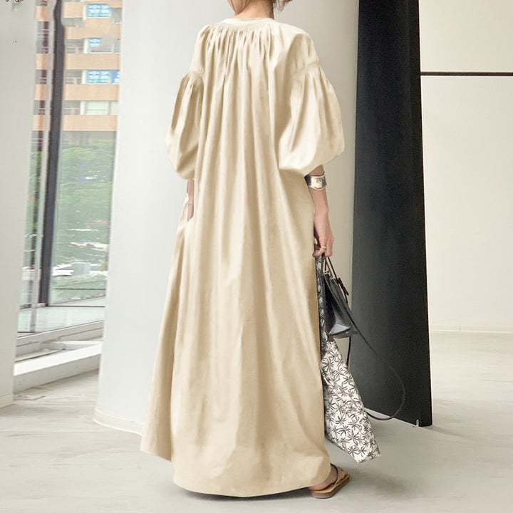 Women's V-Neck Long Maxi Dress – Soft Cotton-Blend Casual Dress-HighTouch