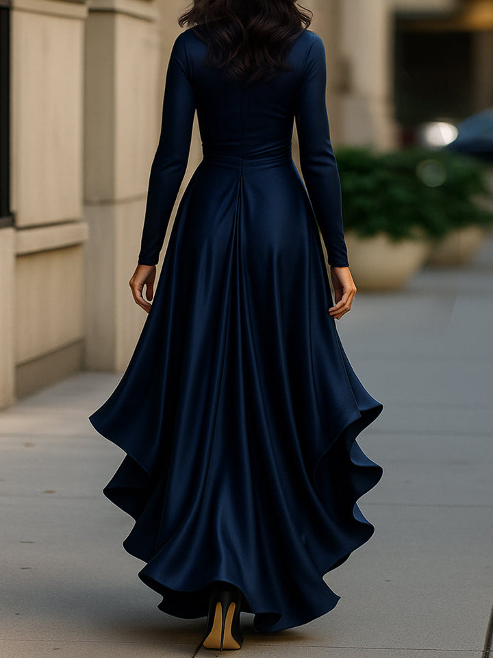 Mirabelles | Pleated Satin Maxi Dress With Ruffle Details