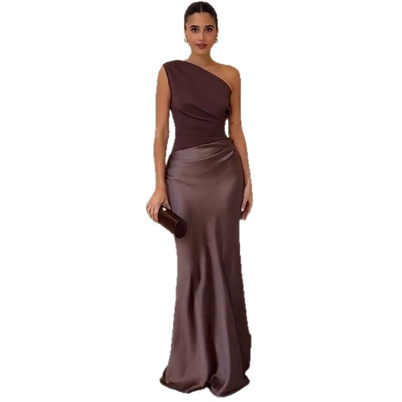 Solid Color Diagonal Collar Backless Sheath Casual Dress-HighTouch
