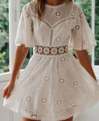 Lace Patchwork Cotton Dress | Hook Flower Hollow Princess Midi Dress-HighTouch
