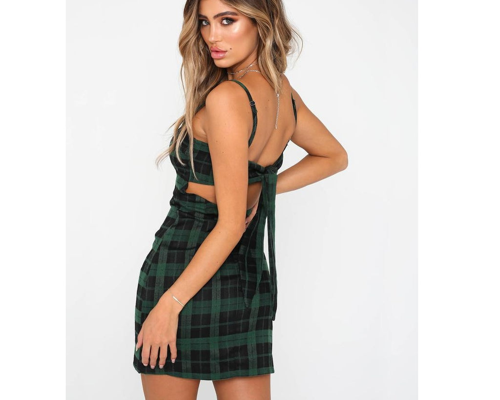Women's Erika Green Plaid Dress – Vintage Elegant Long Sleeve Mini Dress-HighTouch