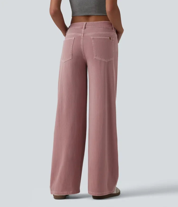 Wide Leg Jeans Women Low Rise Asymmetric Pink Denim
