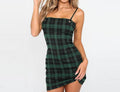 Women's Erika Green Plaid Dress – Vintage Elegant Long Sleeve Mini Dress-HighTouch