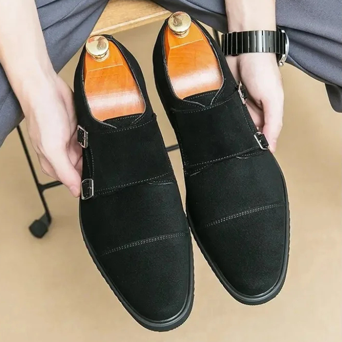 Men’s Suede Monk Strap Shoes – Double Buckle Style