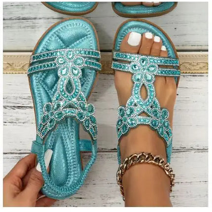 Bohemian Rhinestone Flat Sandals – Comfortable Summer T-Strap for Women