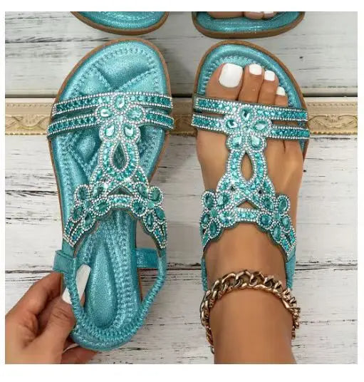 Bohemian Rhinestone Flat Sandals – Comfortable Summer T-Strap for Women
