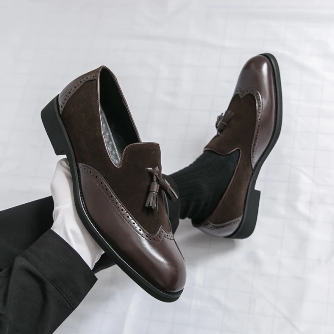 Men's Leather Tassel Loafers with Suede Panels