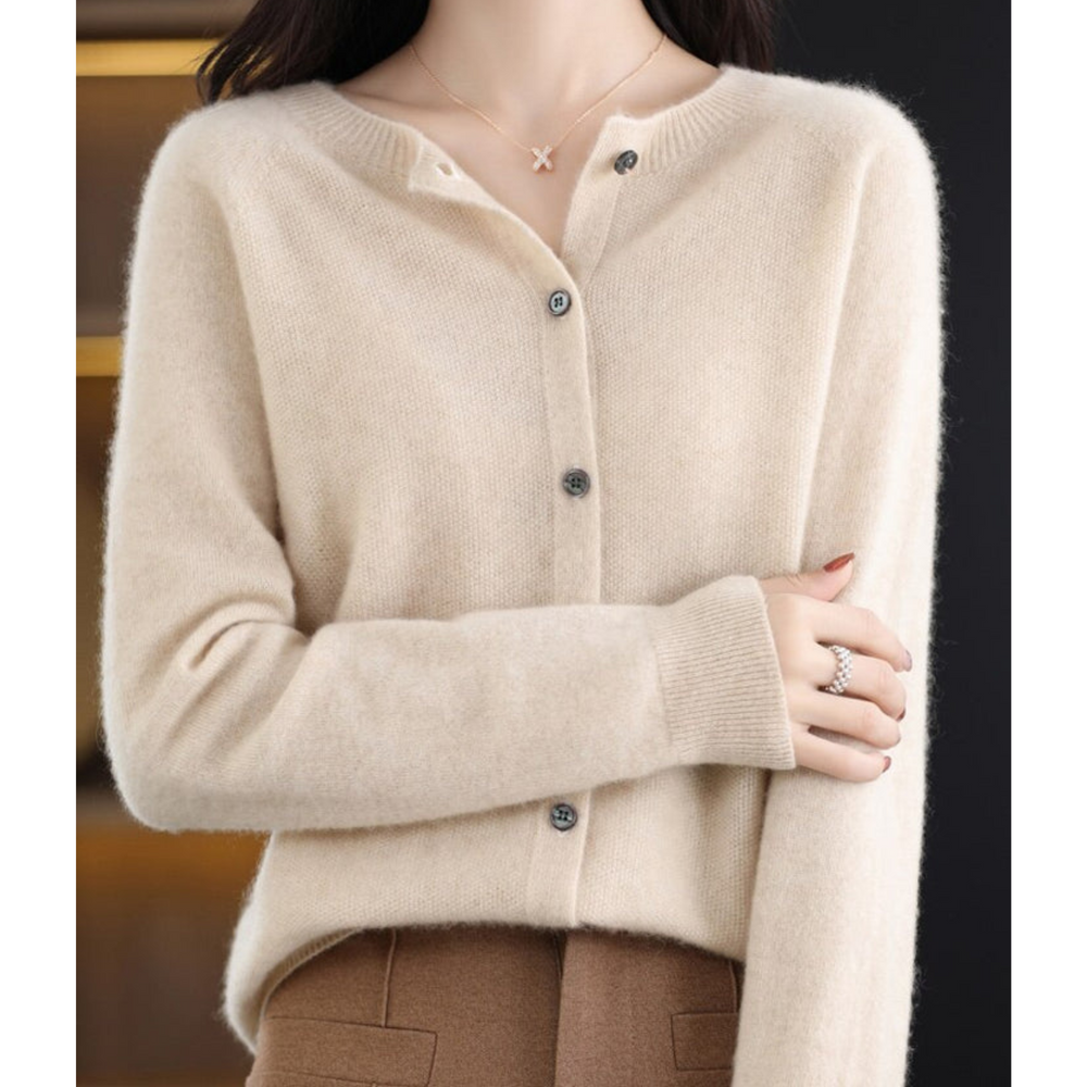 Wool -Blend O-Neck Cardigan Sweater-HighTouch