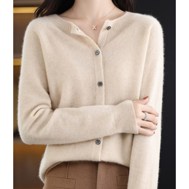 Wool -Blend O-Neck Cardigan Sweater-HighTouch