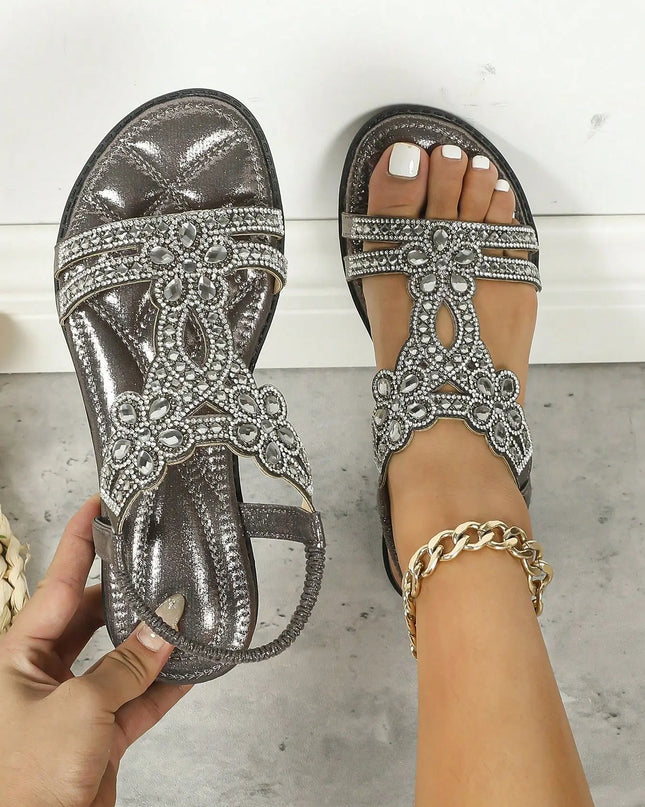 Bohemian Rhinestone Flat Sandals – Comfortable Summer T-Strap for Women