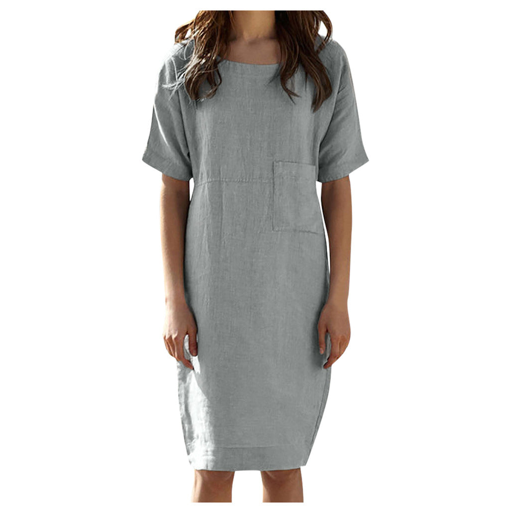 Cotton Linen Street Style Dress | Solid Color Dress-HighTouch