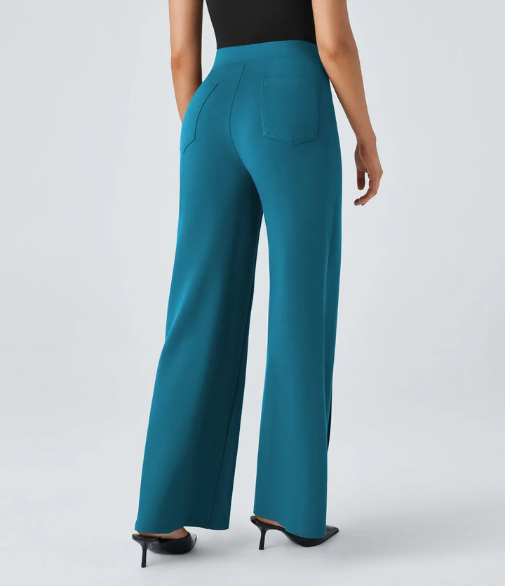 Wide Leg Work Pants Women High Waisted Button Pocket Trousers