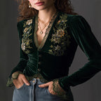 Women's V-Neck Retro Black Velvet Shirt with Puffed Sleeves-HighTouch