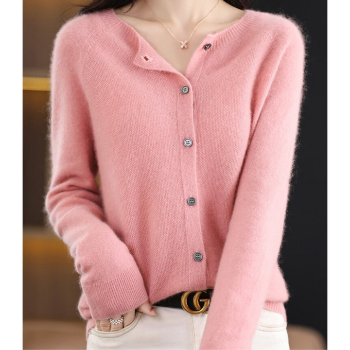 Wool -Blend O-Neck Cardigan Sweater-HighTouch
