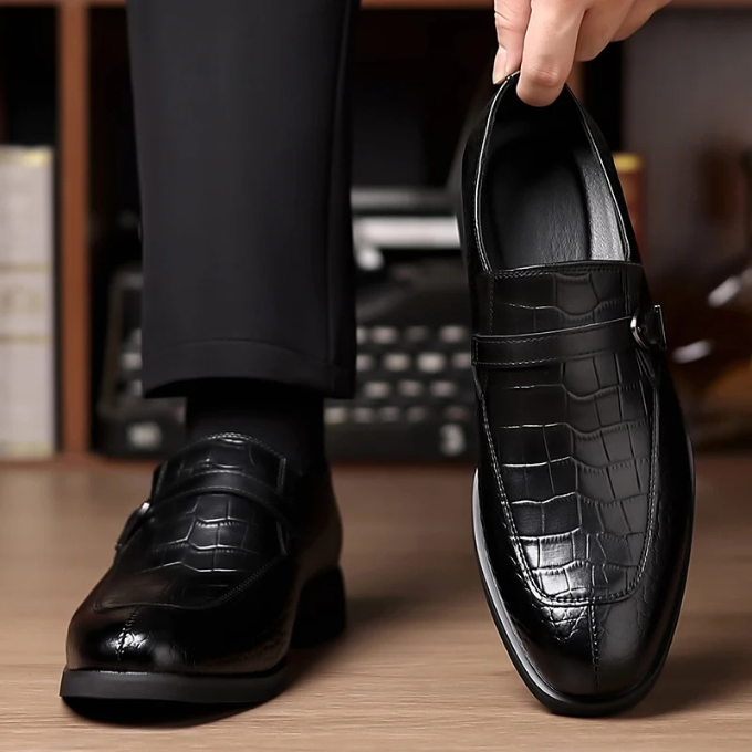 Men’s Leather Monk Strap Shoes – Croc Textured Style