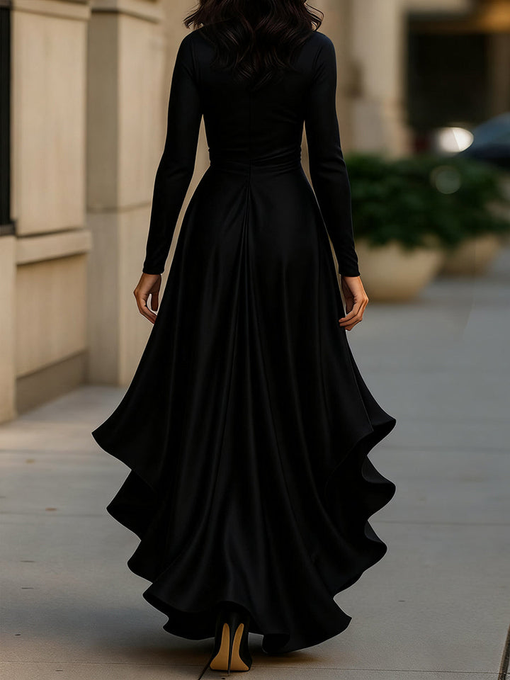 Mirabelles | Pleated Satin Maxi Dress With Ruffle Details