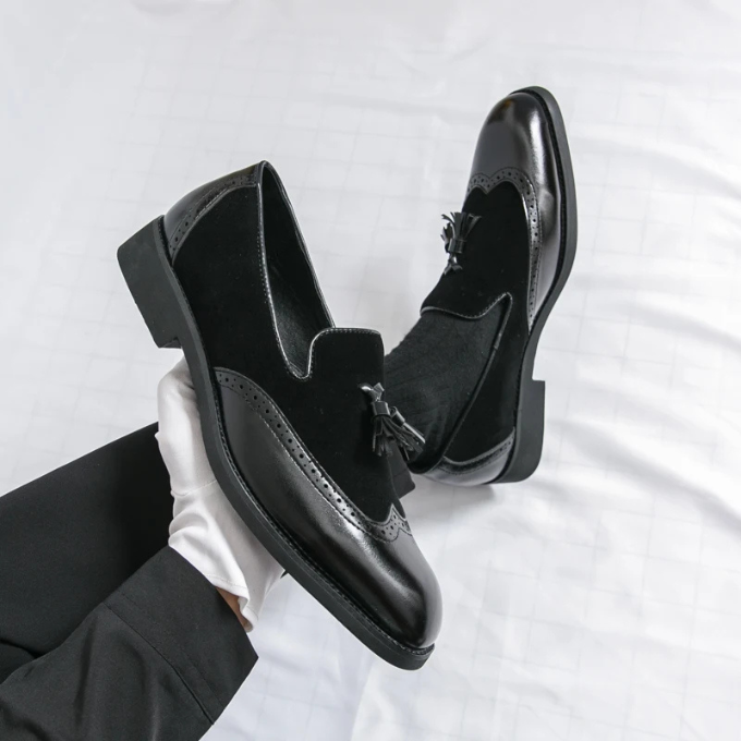 Men's Leather Tassel Loafers with Suede Panels