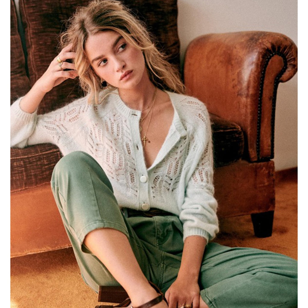 Hollow Crochet Round Neck Button White Sweater-HighTouch