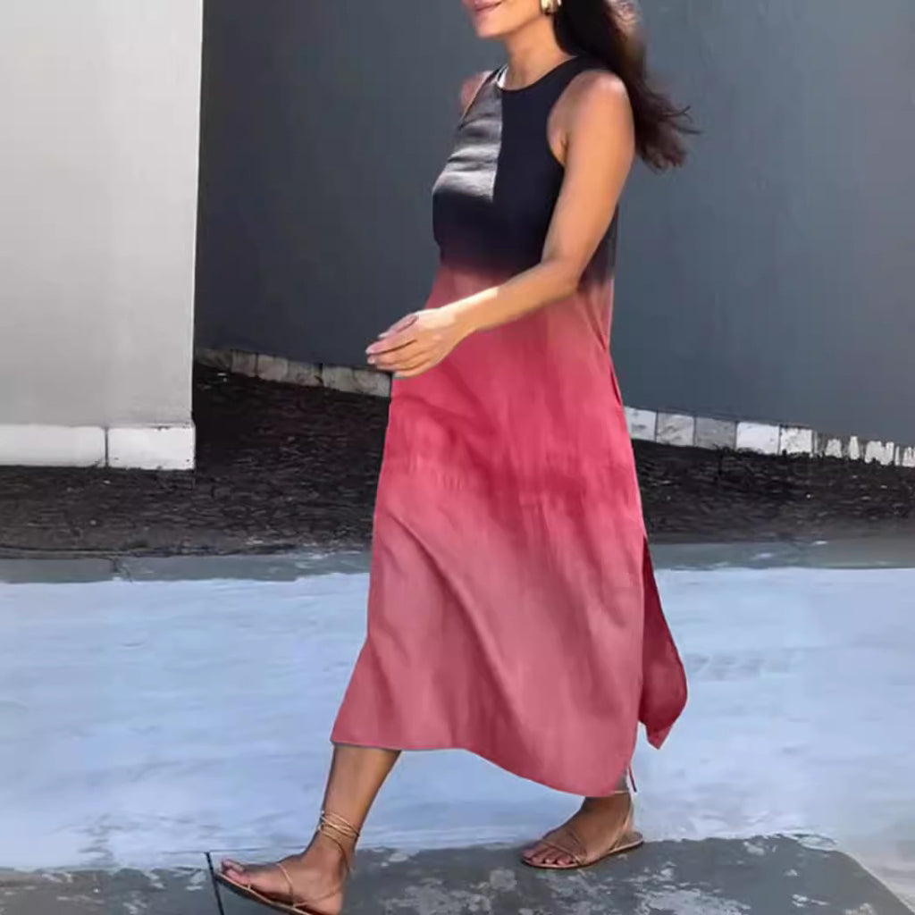 Loose Sleeveless Printed Color-block Crew Neck Long Dress-HighTouch