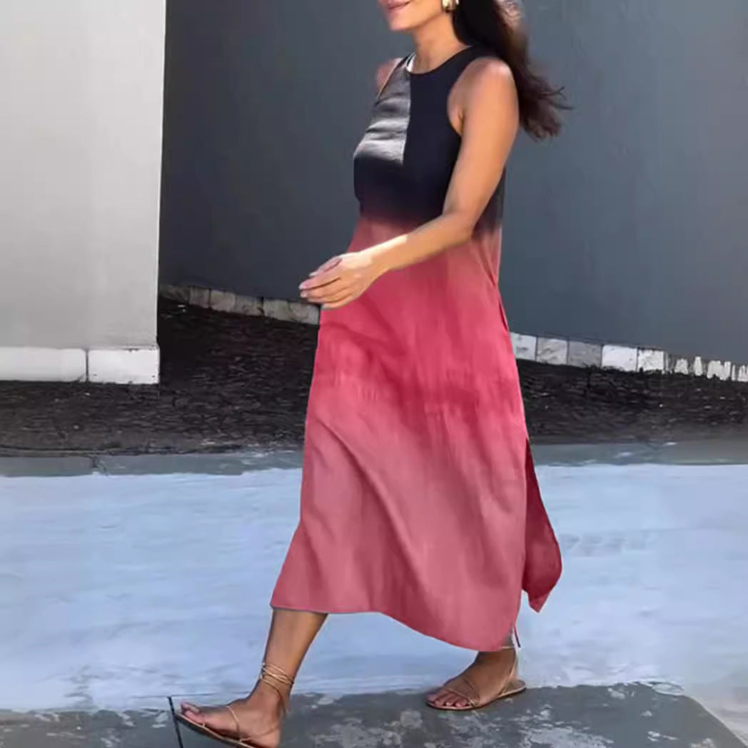 Loose Sleeveless Printed Color-block Crew Neck Long Dress-HighTouch