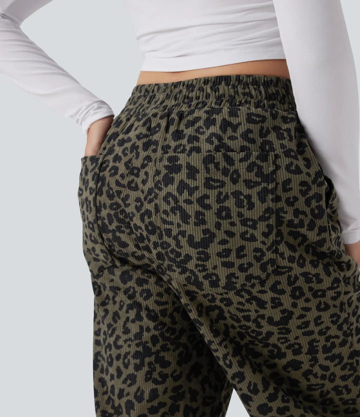 Leopard Print Pants Women Corduroy Baggy Wide Leg Trousers