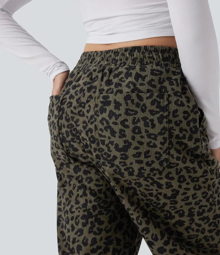 Leopard Print Pants Women Corduroy Baggy Wide Leg Trousers