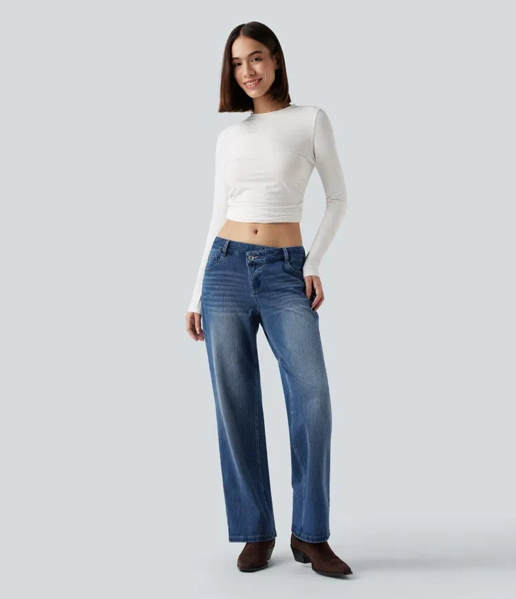 Straight Leg Jeans Women Low Rise Asymmetric Stretch Denim
