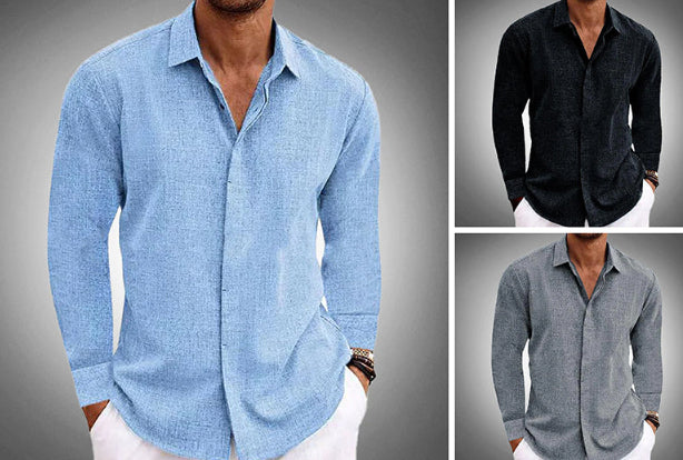 Long Sleeve T-shirt Undershirt Solid Color Long Sleeve Cotton Linen Shirt Men-HighTouch