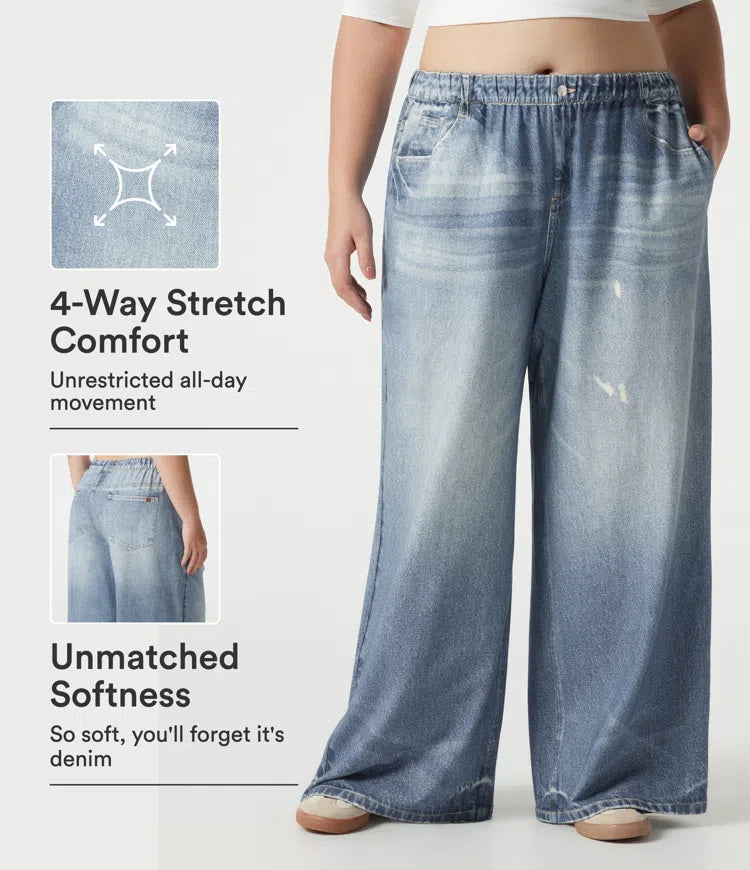 Plus Size Mid Rise Denim Print French Terry Casual Sweatpants Jeans with Pockets