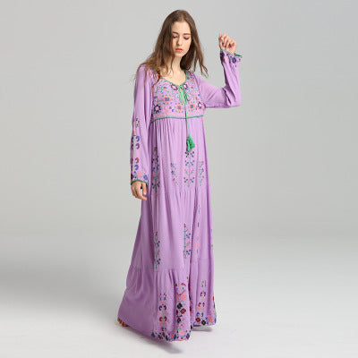 Women's Embroidered Cotton Linen Large Swing Maxi Skirt-HighTouch