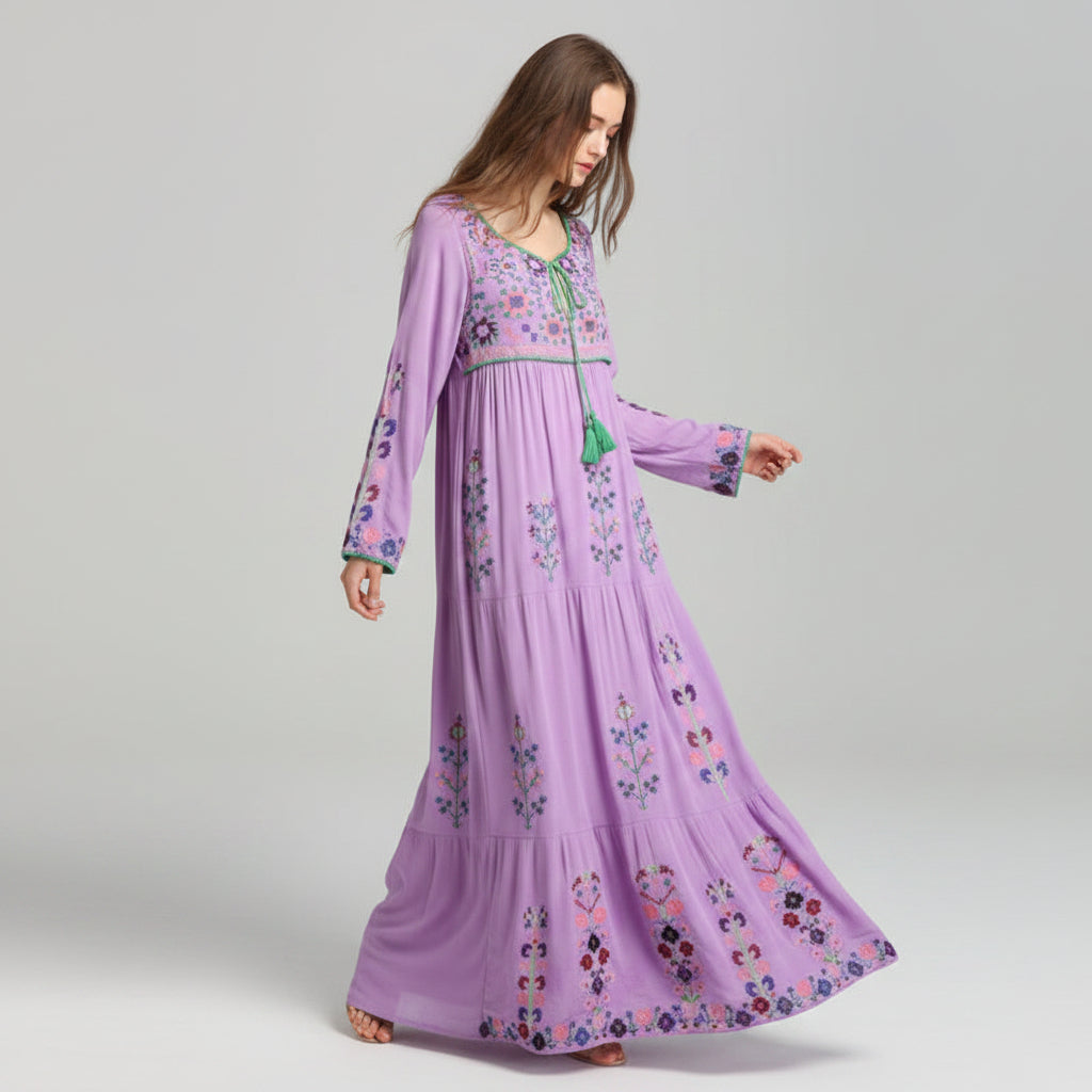Women's Embroidered Cotton Linen Large Swing Maxi Skirt-HighTouch