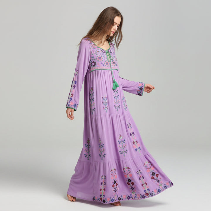 Women's Embroidered Cotton Linen Large Swing Maxi Skirt-HighTouch