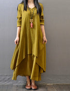 V-Neck Retro Linen-Cotton Dress-HighTouch
