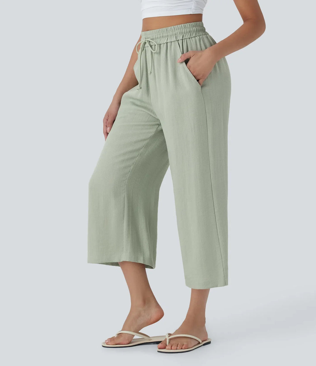 Wide Leg Pants Women High Waisted Drawstring Linen Feel