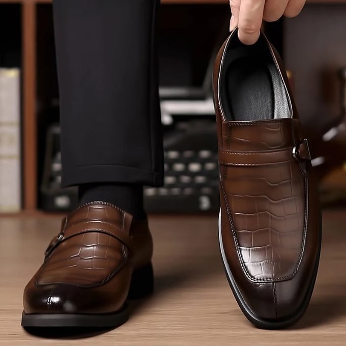 Men’s Leather Monk Strap Shoes – Croc Textured Style