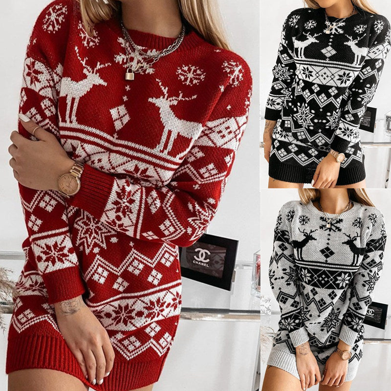 Women's Christmas Elk Snowflake Sweater Dress - Festive Winter Sweater