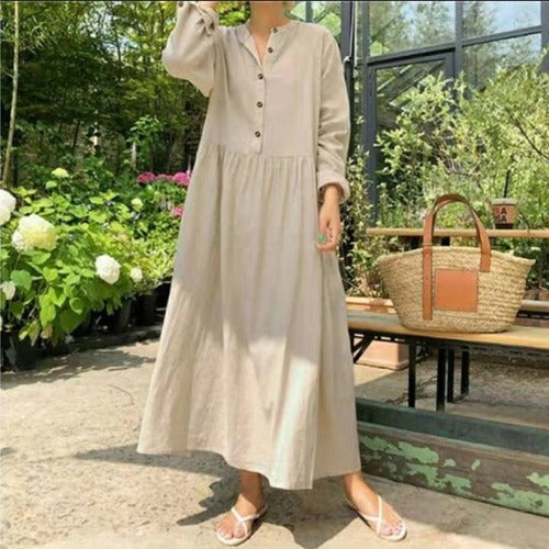 Cotton & Linen Long Sleeve Dress – OL Commuting Large Swing Stand-HighTouch