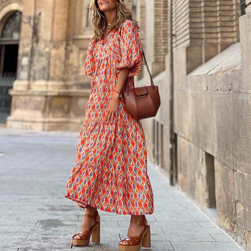 Women's Spring Dress | Patterned Maxi Long Sleeve-HighTouch