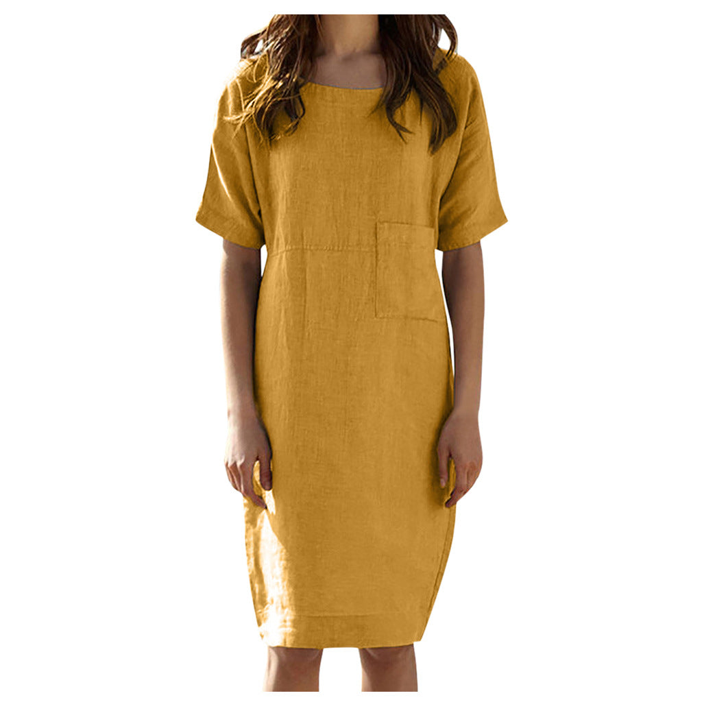 Cotton Linen Street Style Dress | Solid Color Dress-HighTouch