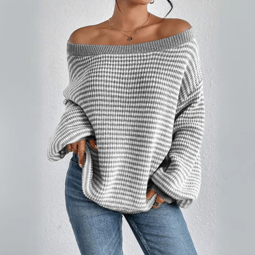 Women’s Waffle Knit Off-Shoulder Sweater with Relaxed Fit
