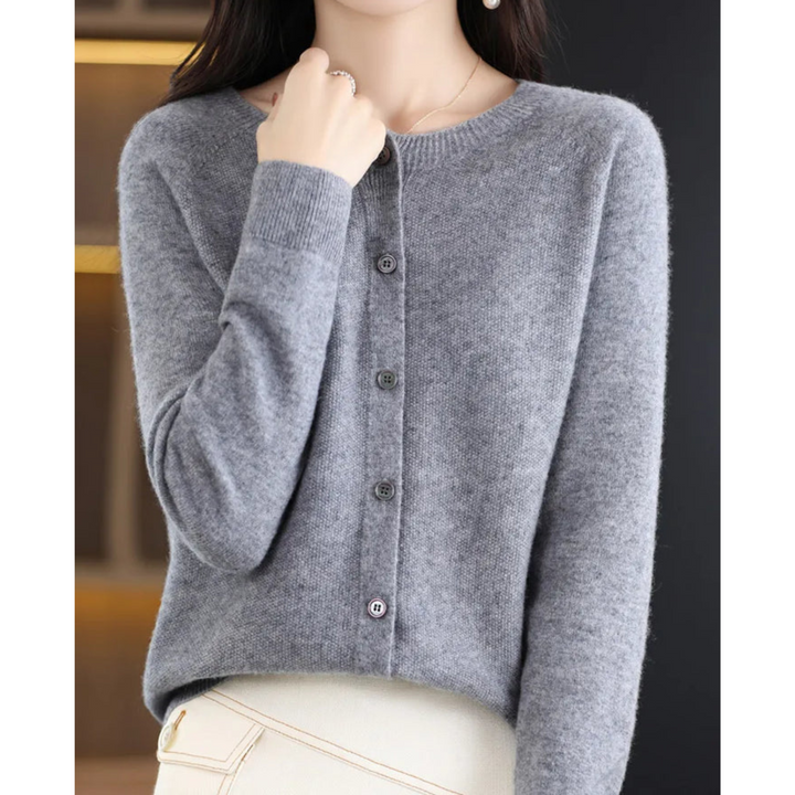 Wool -Blend O-Neck Cardigan Sweater-HighTouch