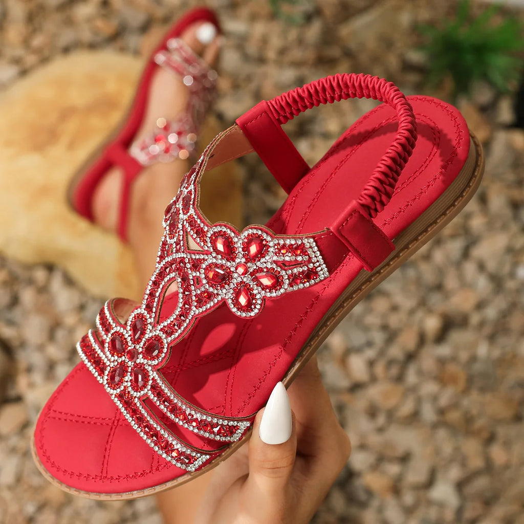Bohemian Rhinestone Flat Sandals – Comfortable Summer T-Strap for Women-HighTouch