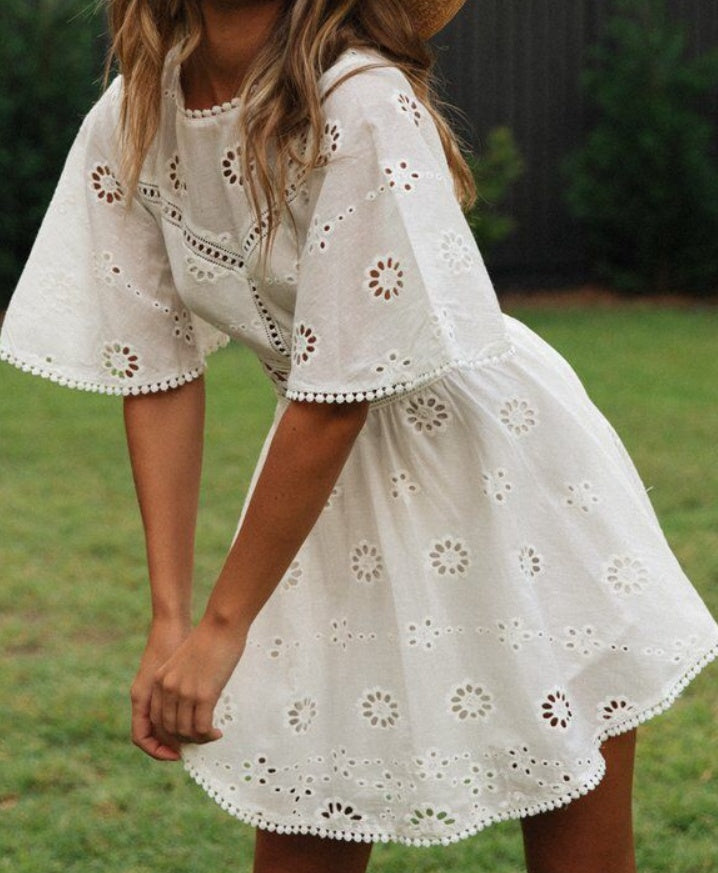 Lace Patchwork Cotton Dress | Hook Flower Hollow Princess Midi Dress-HighTouch