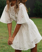 Lace Patchwork Cotton Dress | Hook Flower Hollow Princess Midi Dress-HighTouch
