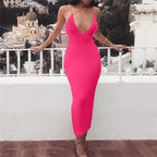 Women's V-Neck Milk Silk Maxi Dress – Elastic Waist Pencil Skirt-HighTouch