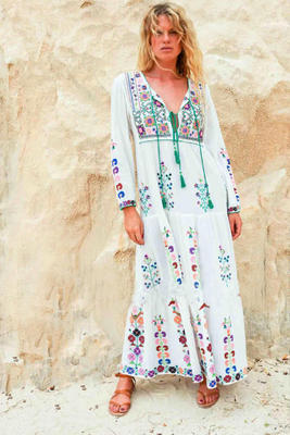 Women's Embroidered Cotton Linen Large Swing Maxi Skirt-HighTouch