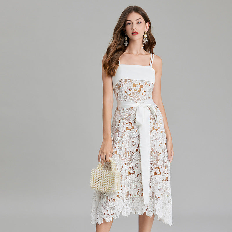 Crocheted Hollow Embroidery Stitching Lace-up Waist-controlled Slimming Dress-HighTouch