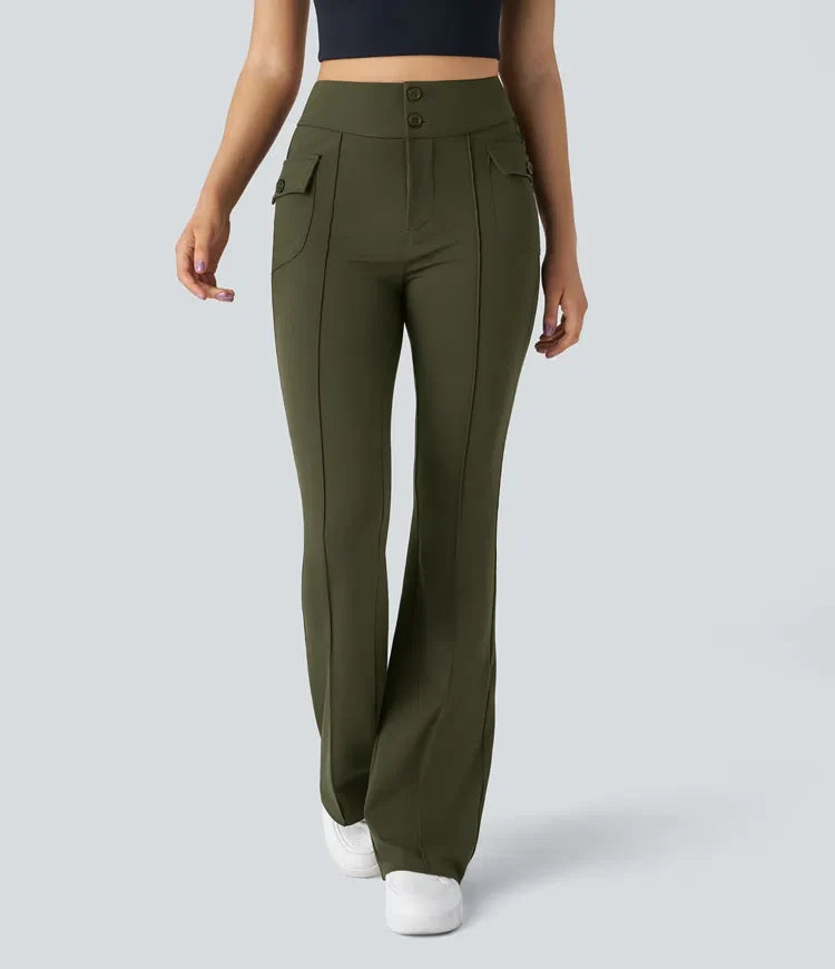 Cargo Pants Women High Waisted Flare Leg Flap Pocket Trousers