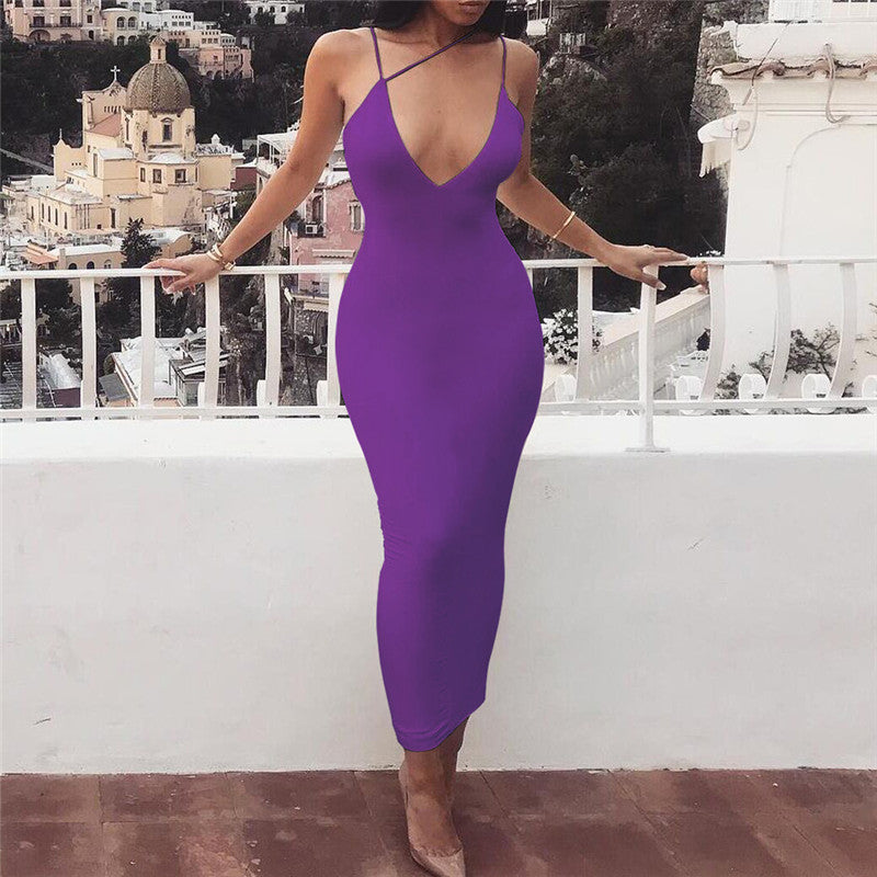 Women's V-Neck Milk Silk Maxi Dress – Elastic Waist Pencil Skirt-HighTouch