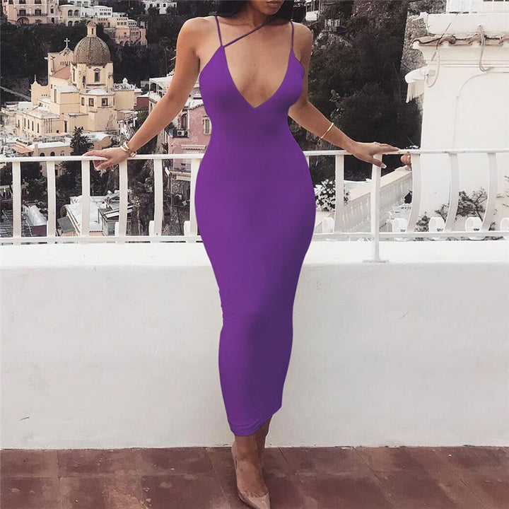 Women's V-Neck Milk Silk Maxi Dress – Elastic Waist Pencil Skirt-HighTouch